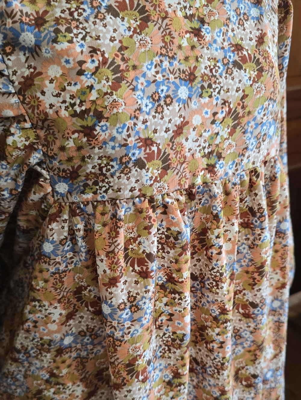 Floral Square-Neck Casual Dress in Tan and Blue - Picture 2 of 3
